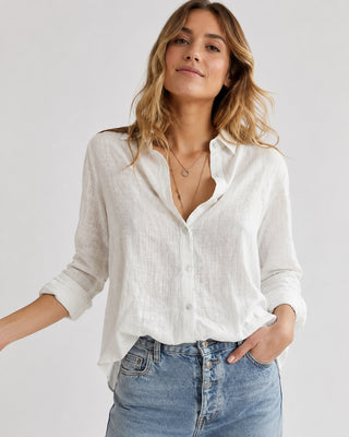 Modern Women's Shirt Button-Down Linen Relaxed Fit with Rolled Sleeves and Lapel Collar