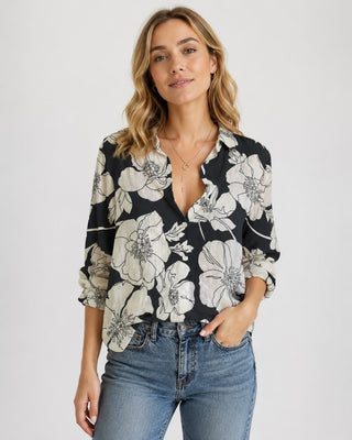 Modern Women's Shirt Button-Down Linen Relaxed Fit with Rolled Sleeves and Lapel Collar
