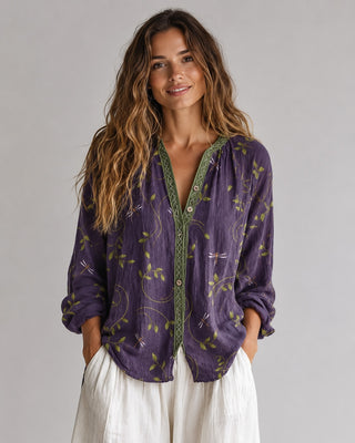 Casual Floral Women's Blouse Long Sleeve V-Neck Button-Down Soft Linen Summer Top