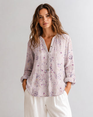 Casual Floral Women's Blouse Long Sleeve V-Neck Button-Down Soft Linen Summer Top