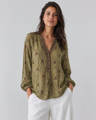 Casual Floral Women's Blouse Long Sleeve V-Neck Button-Down Soft Linen Summer Top
