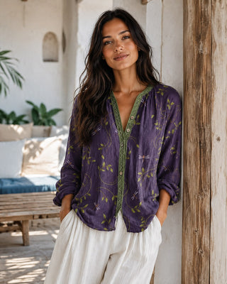 Casual Floral Women's Blouse Long Sleeve V-Neck Button-Down Soft Linen Summer Top