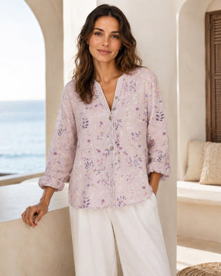 Casual Floral Women's Blouse Long Sleeve V-Neck Button-Down Soft Linen Summer Top
