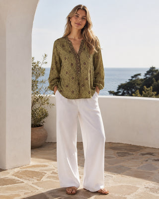 Casual Floral Women's Blouse Long Sleeve V-Neck Button-Down Soft Linen Summer Top