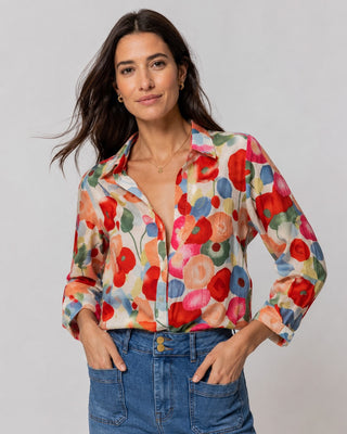 Floral Long Sleeve Blouse for Women Lightweight Linen V-Neck Casual Summer Top