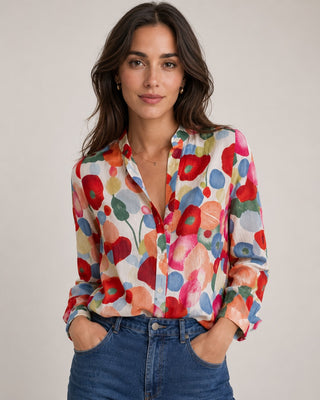 Floral Long Sleeve Blouse for Women Lightweight Linen V-Neck Casual Summer Top
