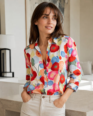 Floral Long Sleeve Blouse for Women Lightweight Linen V-Neck Casual Summer Top