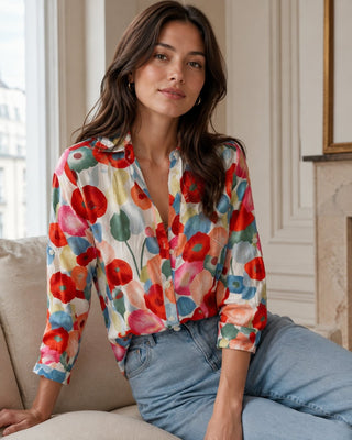 Floral Long Sleeve Blouse for Women Lightweight Linen V-Neck Casual Summer Top