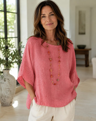 Casual Oversized Women's Blouse in Soft Linen with Three-Quarter Sleeves for Summer Wear