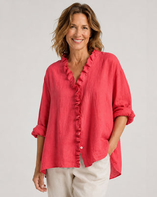 Linen Women's Blouse with Ruffled Placket and Rolled Sleeves for Casual Summer Wear