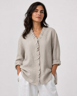 Linen Women's Blouse with Ruffled Placket and Rolled Sleeves for Casual Summer Wear