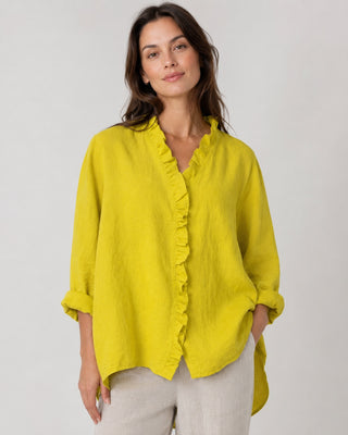 Linen Women's Blouse with Ruffled Placket and Rolled Sleeves for Casual Summer Wear