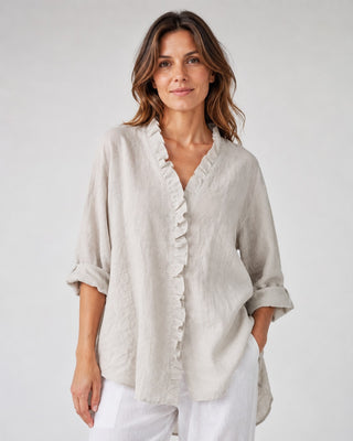 Linen Women's Blouse with Ruffled Placket and Rolled Sleeves for Casual Summer Wear