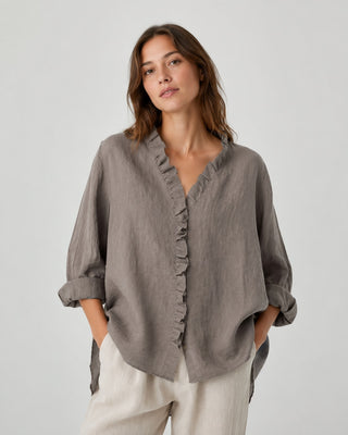 Linen Women's Blouse with Ruffled Placket and Rolled Sleeves for Casual Summer Wear