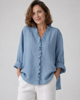 Linen Women's Blouse with Ruffled Placket and Rolled Sleeves for Casual Summer Wear