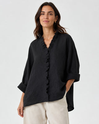 Linen Women's Blouse with Ruffled Placket and Rolled Sleeves for Casual Summer Wear