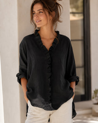 Linen Women's Blouse with Ruffled Placket and Rolled Sleeves for Casual Summer Wear