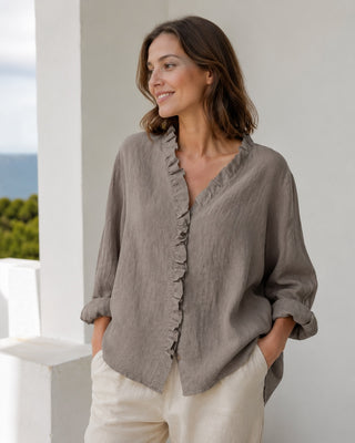 Linen Women's Blouse with Ruffled Placket and Rolled Sleeves for Casual Summer Wear