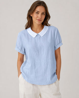 White Linen Blouse with Peter Pan Collar and Short Sleeves in Relaxed Fit for Women