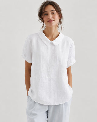 White Linen Blouse with Peter Pan Collar and Short Sleeves in Relaxed Fit for Women