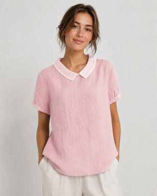 White Linen Blouse with Peter Pan Collar and Short Sleeves in Relaxed Fit for Women