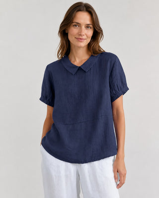 White Linen Blouse with Peter Pan Collar and Short Sleeves in Relaxed Fit for Women