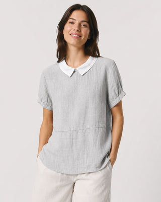 White Linen Blouse with Peter Pan Collar and Short Sleeves in Relaxed Fit for Women