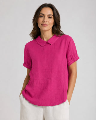 White Linen Blouse with Peter Pan Collar and Short Sleeves in Relaxed Fit for Women
