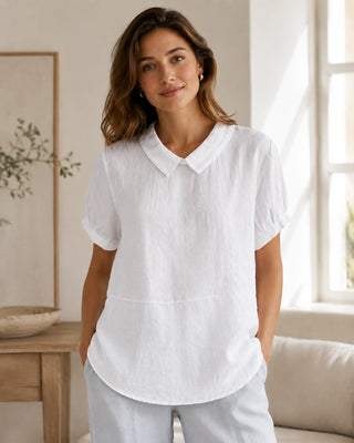 White Linen Blouse with Peter Pan Collar and Short Sleeves in Relaxed Fit for Women