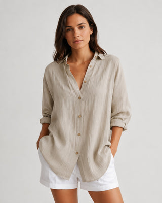 Casual Oversized Women's Shirt V-Neck Long Sleeve Lightweight Linen Comfortable Fit