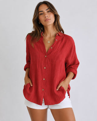 Casual Oversized Women's Shirt V-Neck Long Sleeve Lightweight Linen Comfortable Fit