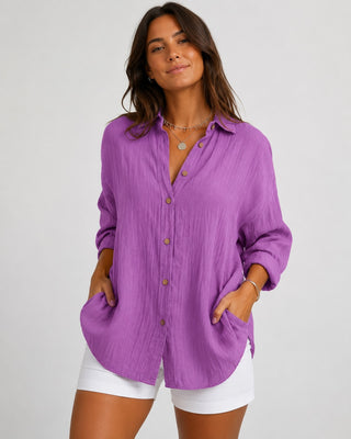 Casual Oversized Women's Shirt V-Neck Long Sleeve Lightweight Linen Comfortable Fit