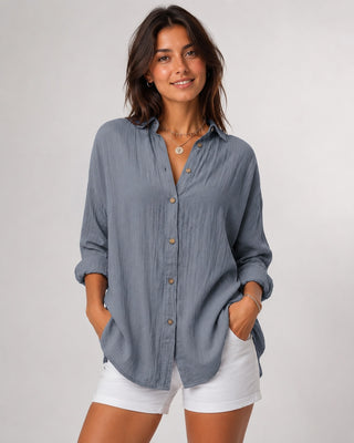Casual Oversized Women's Shirt V-Neck Long Sleeve Lightweight Linen Comfortable Fit