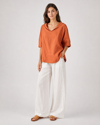 Casual Linen Women's Tunic Top with V-Neck and Hooded Design for Relaxed Fit