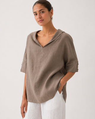 Casual Linen Women's Tunic Top with V-Neck and Hooded Design for Relaxed Fit