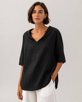 Casual Linen Women's Tunic Top with V-Neck and Hooded Design for Relaxed Fit