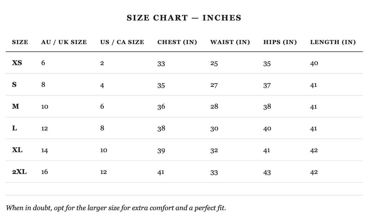 Size guide in inches