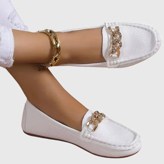 Modern Leather Women's Loafers Slip-On with Gold Chain Detail Comfortable Flat Sole 0