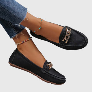 Modern Leather Women's Loafers Slip-On with Gold Chain Detail Comfortable Flat Sole 1
