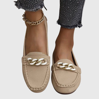 Modern Leather Women's Loafers Slip-On with Gold Chain Detail Comfortable Flat Sole 2