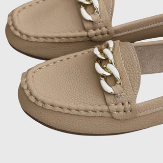Modern Leather Women's Loafers Slip-On with Gold Chain Detail Comfortable Flat Sole 3