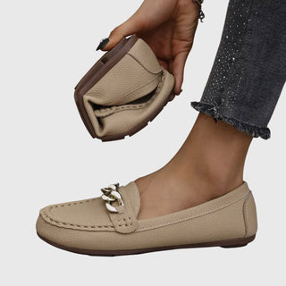 Modern Leather Women's Loafers Slip-On with Gold Chain Detail Comfortable Flat Sole 4