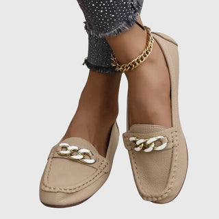 Modern Leather Women's Loafers Slip-On with Gold Chain Detail Comfortable Flat Sole 5