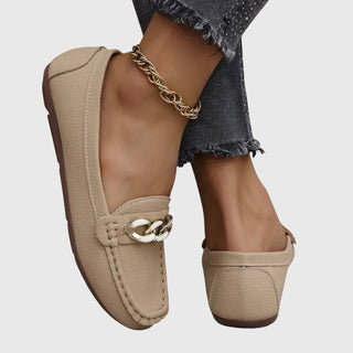 Modern Leather Women's Loafers Slip-On with Gold Chain Detail Comfortable Flat Sole 6