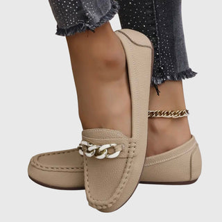 Modern Leather Women's Loafers Slip-On with Gold Chain Detail Comfortable Flat Sole 7