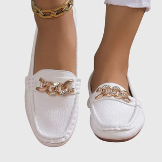 Modern Leather Women's Loafers Slip-On with Gold Chain Detail Comfortable Flat Sole 8
