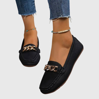 Modern Leather Women's Loafers Slip-On with Gold Chain Detail Comfortable Flat Sole 9