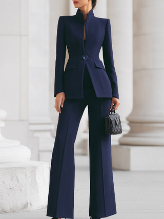 Modern Women's Suit Set Tailored Blazer with Long Sleeves and Straight-Leg Trousers in Dark Tone 0