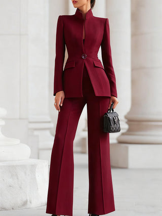 Modern Women's Suit Set Tailored Blazer with Long Sleeves and Straight-Leg Trousers in Dark Tone 3