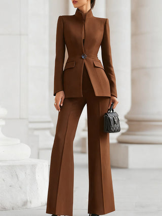 Modern Women's Suit Set Tailored Blazer with Long Sleeves and Straight-Leg Trousers in Dark Tone 4